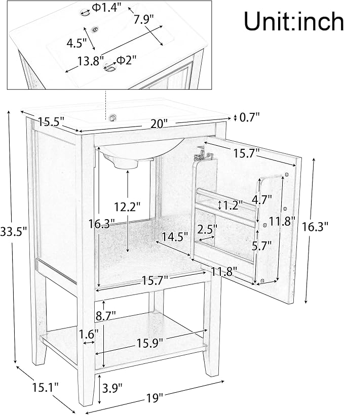 20" Bathroom Vanity Cabinet with Ceramic Sink Top Set, Freestanding, Two-Tier Storage Rack, Soft Closing Door, Grey