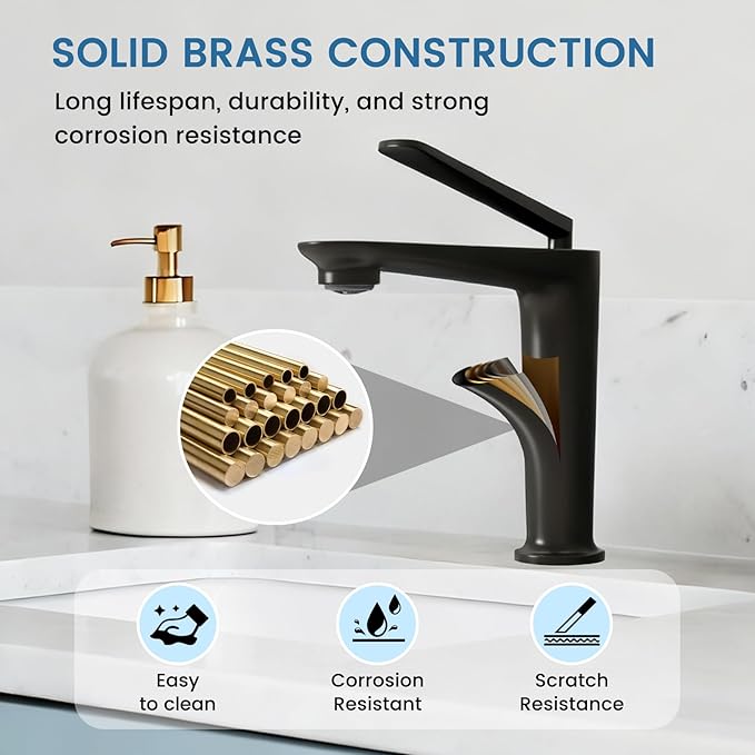 Bathroom Faucet Matte Black, One Hole Single Handle Vessel Sink Faucet, Brass Bathroom Faucet for Vanity Sink Restroom Guestroom RVs