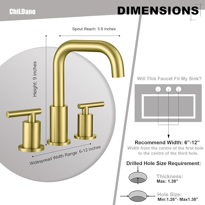 ChiLDano Brushed Gold Bathroom Faucets 3 Hole with Drain and Supply Hose | 2 Handles Brushed Gold Widespread Bathroom Faucet for Sink 3 Hole, 8 inch Bathroom Sink Countertop Faucet Matte Gold CH3166BG
