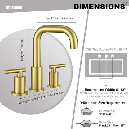 ChiLDano Brushed Gold Bathroom Faucets 3 Hole with Drain and Supply Hose | 2 Handles Brushed Gold Widespread Bathroom Faucet for Sink 3 Hole, 8 inch Bathroom Sink Countertop Faucet Matte Gold CH3166BG