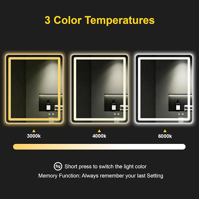 LED Bathroom Mirror with Lights, 30"x36" Lighted Vanity Mirror for Wall | Anti-Fog, Dimmable 3 Color Light, Backlit+Frontlit, Shatterproof Tempered Glass, Memory Function
