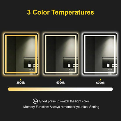 LED Bathroom Mirror with Lights, 30"x36" Lighted Vanity Mirror for Wall | Anti-Fog, Dimmable 3 Color Light, Backlit+Frontlit, Shatterproof Tempered Glass, Memory Function