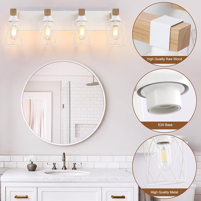 Farmhouse 4-Light Wood Bathroom Vanity Light, White Metal Cage Shade