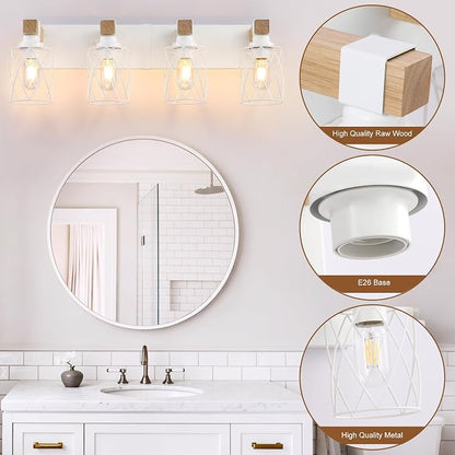 Farmhouse 4-Light Wood Bathroom Vanity Light, White Metal Cage Shade