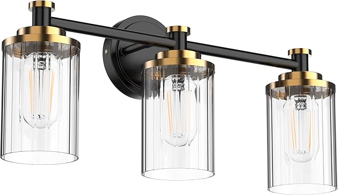Bathroom Lighting Fixtures Black and Brass Bathroom Vanity Light with Cylindrical Clear Stripes Glass Lampshade E26 Socket Base Bathroom Lighting Fixtures Over Mirror (3 Lights)