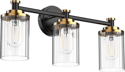 Bathroom Lighting Fixtures Black and Brass Bathroom Vanity Light with Cylindrical Clear Stripes Glass Lampshade E26 Socket Base Bathroom Lighting Fixtures Over Mirror (3 Lights)