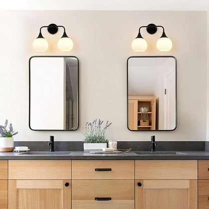 Bathroom Light Fixtures 2-Light Matte Black Vanity Light Modern Wall Sconces with Milk White Glass Shade Vanity Lights for Bathroom(Exclude E26 Bulb)