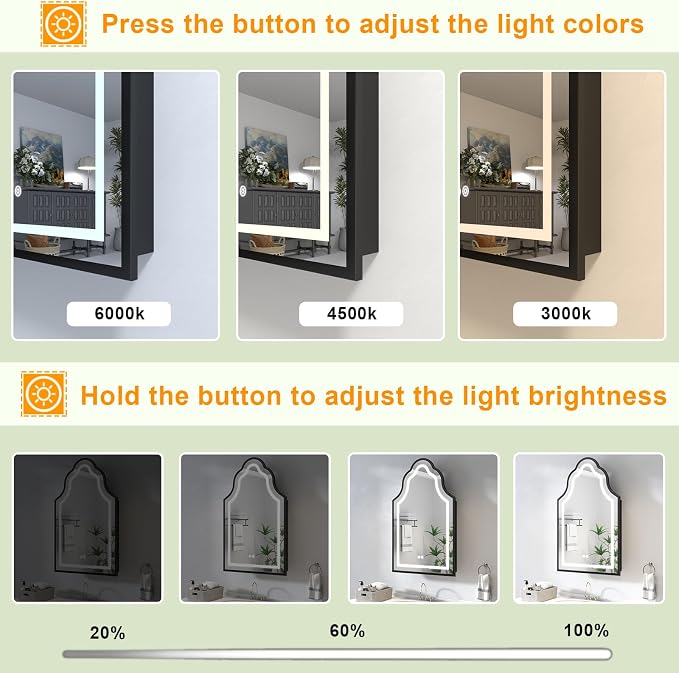 Black Lighted Medicine Cabinet with Mirror, 20''x32'' Surface or Recessed Irregular Bathroom Mirrors with Storage, Anti-Fog Dimmable LED Medicine Cabinet for Bathroom, 3 Color Temperature