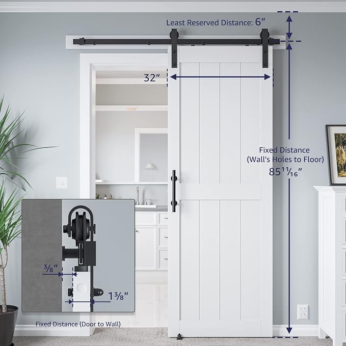 32in x 84in MDF Sliding Barn Door with 6ft Barn Door Hardware Kit & Handle | White Solid Barn Door Slab Covered with Water-Proof PVC Surface, Pre-Drilled Holes Easy Assembly, H-Frame