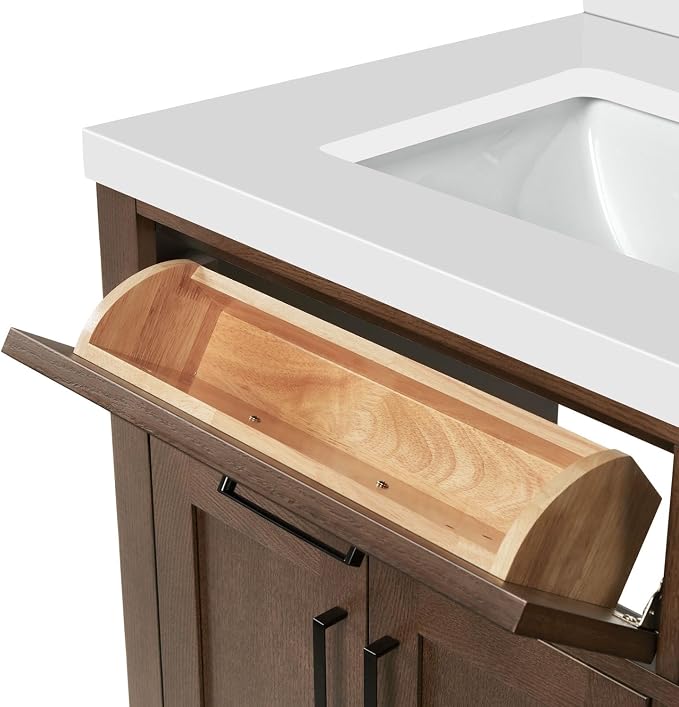 Isabella 66-Inch Brown Oak Double Bathroom Vanity with Sink, 1.5-Inch Edge Pure White Quartz Countertop & 4" Backsplash, Soft-Closing Doors & Drawers, Solid Oak Wood Construction