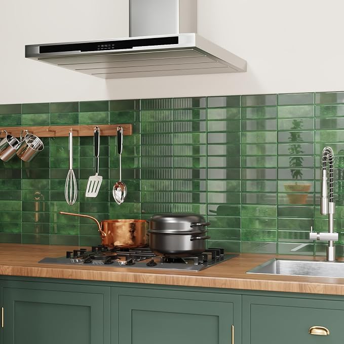 CRE8TIVE 4 Sheets Green Straight Linear Peel and Stick Backsplash Stick on Tiles for Kitchen Bathroom Green Wall Tile Stickers Waterproof 12"x12" Renter Friendly Self Adhesive Kitchen Backsplash Tiles