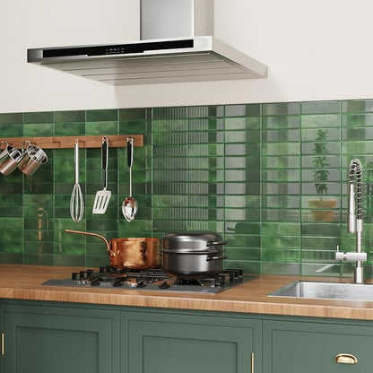 CRE8TIVE 16 Sheets Green Peel and Stick Backsplash for Kitchen 12"x12" Straight Linear Peel and Stick Tile for Bathroom Shower Walls Waterproof 3D Rectangular Tile Stickers for Living Room Fireplace