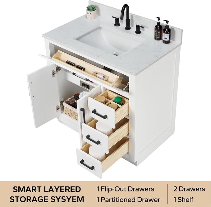 36-inch White Bathroom Vanity with Sink, Solid Wood, 0.79-inch Stone Countertop and Backsplash, 4 Drawers, 2 Soft Closing Doors