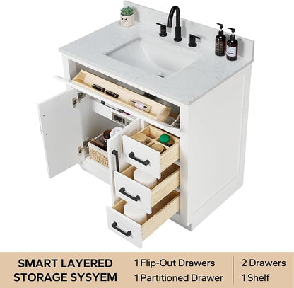 36-inch White Bathroom Vanity with Sink, Solid Wood, 0.79-inch Stone Countertop and Backsplash, 4 Drawers, 2 Soft Closing Doors