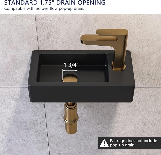 DeerValley Small Bathroom Sink, 15"x7" Mini Rectangle Wall Mount Vessel Sink for Bathroom Powder Room Cloakroom, Floating Space Saving Design, Easy to Clean Matte Black Ceramic Wash Basin (Right Hand)
