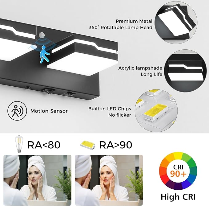 LED Wireless Motion Sensor Modern Bathroom Vanity Light Fixtures 4-Light, 25.5 inch 3CCT Dimmable Black Auto-Off Vanity Lights for Bathroom Lighting, with 350° Rotatable Acrylic Heads