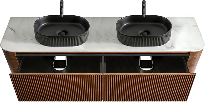 72" Preassembled Double Floating Bathroom Vanity with Black Sink, Walnut | Mid-Century Modern Style, Fluted & Soft-Close Drawer with U-shaped Wall, Sinterted Stone Countertop, Towel Rack Included