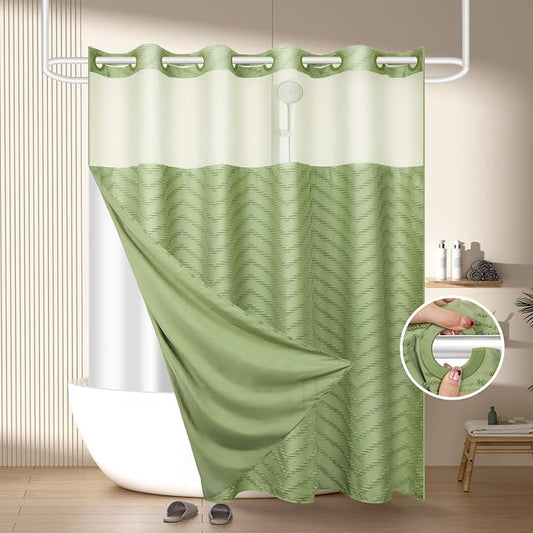 FADOTY Green No Hook Shower Curtain Set with Snap in Liner, 71'' x 74'' | Bathroom Hotel Fabric Curtain, Waterproof Washable Liner, See Through Top Window, Ringless Chevron Tufted Cloth Curtain
