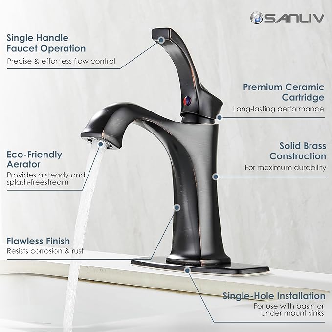 Oil Rubbed Bronze Bathroom Faucet, Sanliv Single Handle Centerset Bathroom Sink Faucet with Pop-Up Drain & Deck Plate for 1 or 3-Hole (4 inch) Installation, Bronze Vanity Faucet, ORB