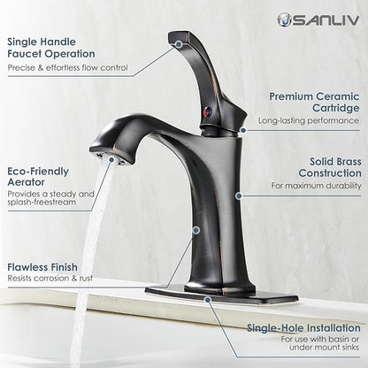 Oil Rubbed Bronze Bathroom Faucet, Sanliv Single Handle Centerset Bathroom Sink Faucet with Pop-Up Drain & Deck Plate for 1 or 3-Hole (4 inch) Installation, Bronze Vanity Faucet, ORB