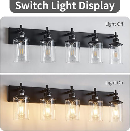 5-Light Black Bathroom Light Fixture Over Mirror Modern Farmhouse Bathroom Vanity Light Vintage Wall Lighting with Clear Glass Shade for Bathroom, Bedroom, Hallway, Cabinet