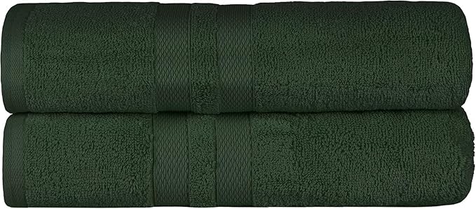 Superior Ultra-Soft Cotton Bath Towel Set, Quick-Dry, Absorbent, Shower, Spa Basics, Large Towels, Bathroom Sets, Bath Essentials, Solid, Double Line Dobby Border, 2 Pack, Set of 2, Forest Green