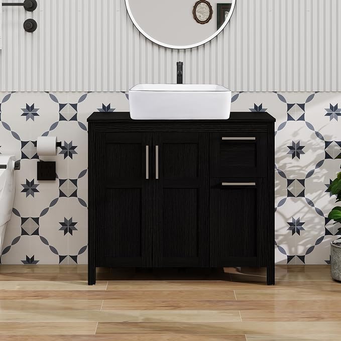 YOURLITE Bathroom Vanity with Sink,36" Black Bathroom Vanity Cabinet with White Ceramic Sink Faucet & Pop Up Drain Set