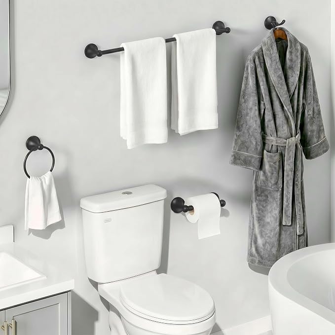 24-Inch Wall Mounted Towel Racks for Bathroom – Space Saver 4-Piece Durable Stainless Steel Bathroom Hardware Set with Towel Bar, Towel Ring, Toilet Paper Holder & Hook, Matte Black