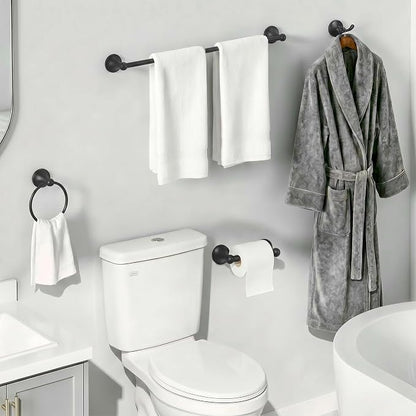 24-Inch Wall Mounted Towel Racks for Bathroom – Space Saver 4-Piece Durable Stainless Steel Bathroom Hardware Set with Towel Bar, Towel Ring, Toilet Paper Holder & Hook, Matte Black