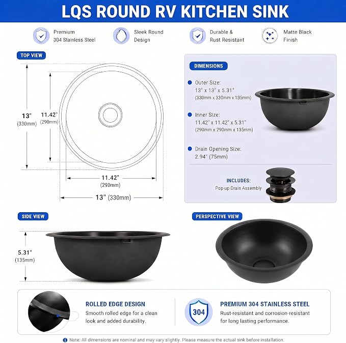 LQS 13 x 13 Inch Round RV Sink, Black Bar Sink, Stainless Steel Drop-In | Small RV Sink For Camper Kitchens Or Bathrooms; Compact RV Bathroom Sink With 5.31-Inch Bowl And Drain Assembly Included