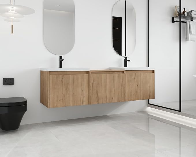 Malwee 72'' Floating Bathroom Vanity with Double Sink, Brown | Wall Mounted Double Sink Combo, Plywood Cabinet, Resin Basin, Ample Storage, Soft-close Hinge, Assembly Required