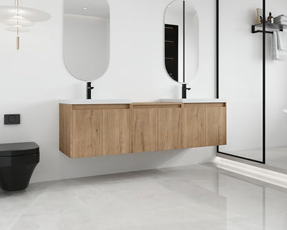 Malwee 72'' Floating Bathroom Vanity with Double Sink, Brown | Wall Mounted Double Sink Combo, Plywood Cabinet, Resin Basin, Ample Storage, Soft-close Hinge, Assembly Required