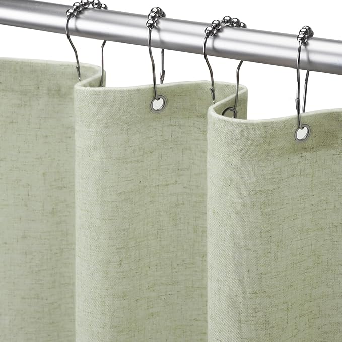 Linen Shower Curtain Flax Green, Fabric Boho Farmhouse Shower Curtains for Bathroom Cotton Natural Cloth Liner Set 72" W x 90" L