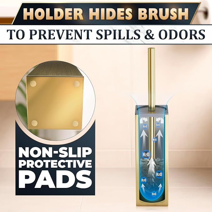 Gold Toilet Brush and Holder Set, Stainless Steel (Square) | Toilet Brush with Holder Set for Bathroom, Splash Protection & Dense Bristles for Bathroom Cleaning, Removable Inner Bowl