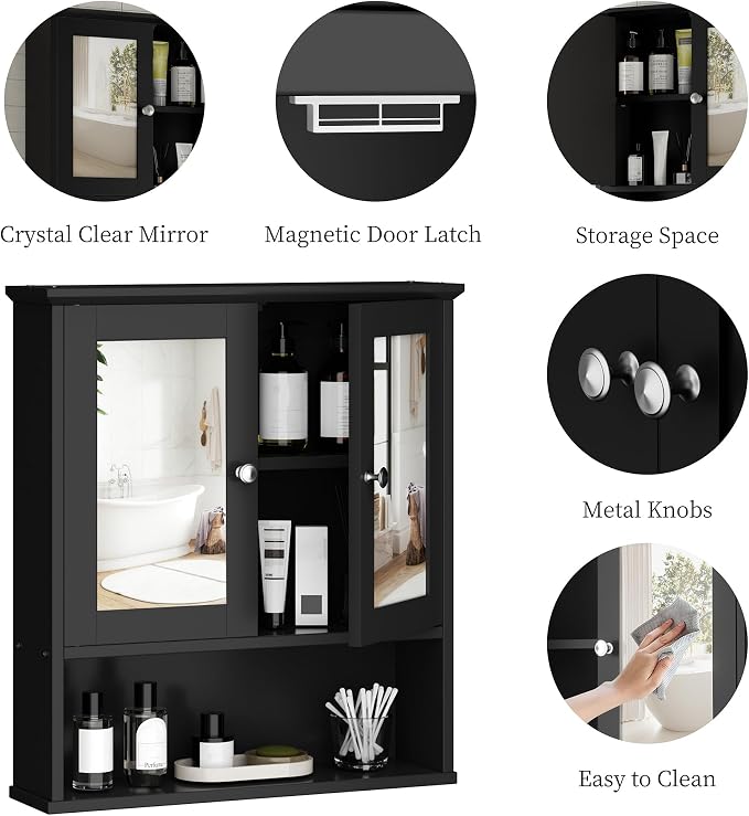 Shintenchi Bathroom Medicine Cabinet with Mirror, Wall Mounted, Black | Over The Toilet Cupboard, Adjustable Shelf, Open & Concealed Storage, 2 Magnet Doors, Space-Saving, Easy to Clean