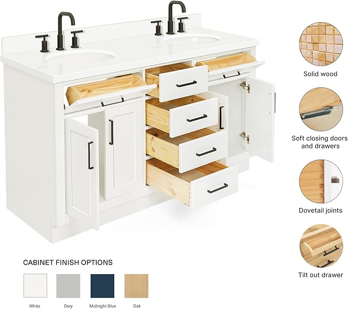 ARIEL Hepburn 60-inch Bathroom Vanity with Sink,Solid Wood, 1.5-inch Pure White Quartz Countertop & Backsplash, Double Oval Porcelain Sink, 4 Soft Closing Doors, 6 Dovetail Drawers, White