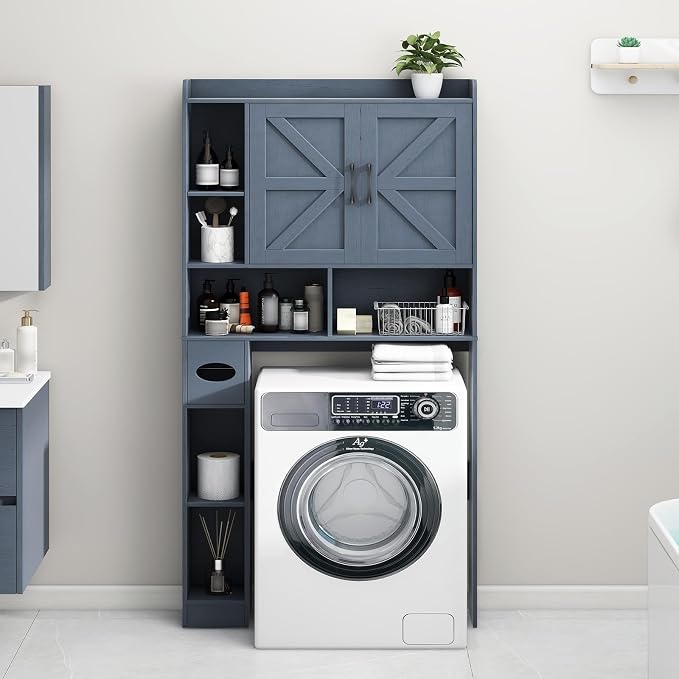 Vabches Over The Toilet Storage Cabinet with 2 Barn Doors, Blue | Farmhouse Storage Cabinet with Toilet Paper Holder Stand，Home Space-Saving Toilet Rack, for Bathroom, Restroom, Laundry