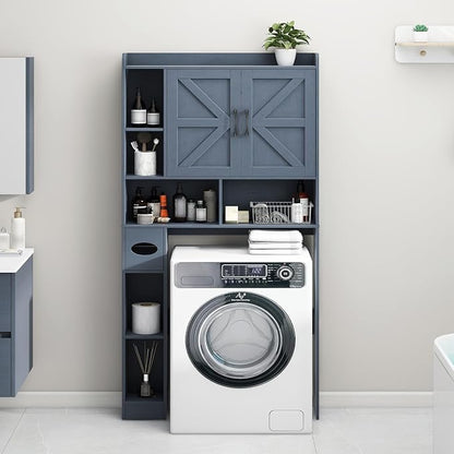 Vabches Over The Toilet Storage Cabinet with 2 Barn Doors, Blue | Farmhouse Storage Cabinet with Toilet Paper Holder Stand，Home Space-Saving Toilet Rack, for Bathroom, Restroom, Laundry