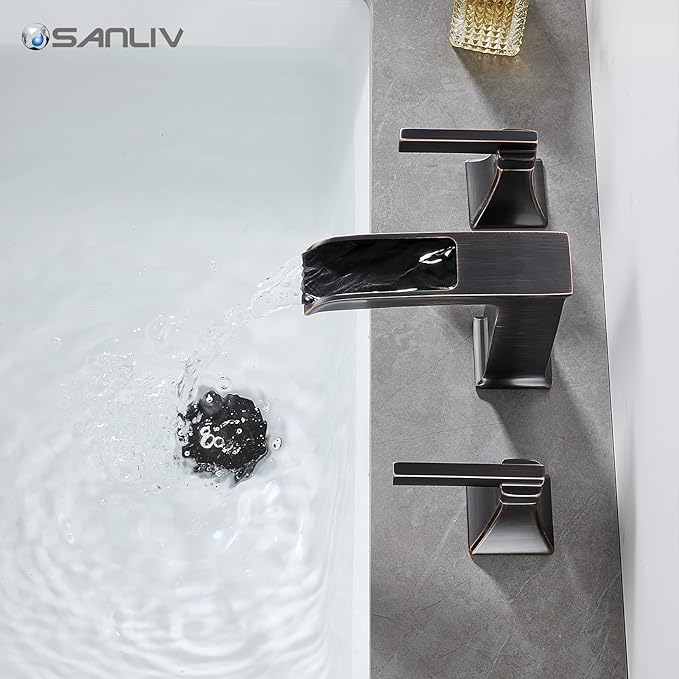 Oil Rubbed Bronze Bathroom Faucet, Sanliv 3-Piece Widespread Bathroom Faucets for 3-Hole Sinks 4-8 Inch, Bronze Waterfall Vanity Faucet with Pop-Up Drain (ORB)