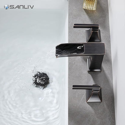 Oil Rubbed Bronze Bathroom Faucet, Sanliv 3-Piece Widespread Bathroom Faucets for 3-Hole Sinks 4-8 Inch, Bronze Waterfall Vanity Faucet with Pop-Up Drain (ORB)
