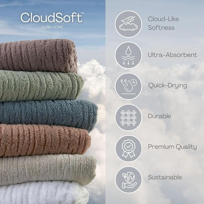 SKL Home CloudSoft/Bedford Floral Bath Towel Set-4pc, 100% Cotton, Sage | 2 Bath towels, 2 hand towels. 600 GSM weight. Spa-level quality. Soft & absorbent, reversible jacquard.