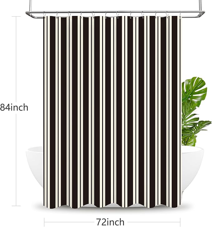 Tititex Cute Candy Cane Striped 140gsm Faux Linen Fabric Shower Curtain, Elegant Classic Black Beige Shower Curtain Sets Decoration 72x84 Inch with Hooks