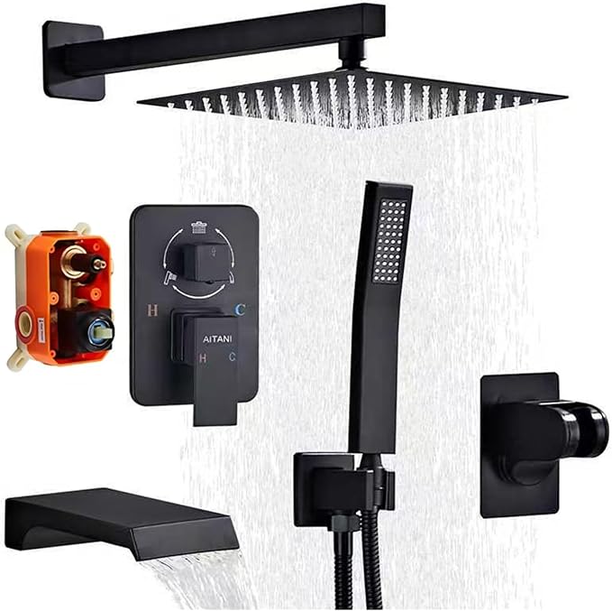 Shower Faucet Set Complete, Shower System Black with 10 inch Square Rainfall Shower Head 3-Function Handheld Shower Waterfall Bathtub Spout Rain Shower Combo Mounted Bathroom Wall fit All Valve Types