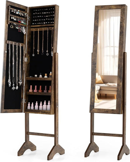 Giantex Jewelry Armoire with Full Length Mirror, Freestanding Jewelry Organizer Cabinet with Ring Slots, Earring Holders, Necklace Hooks & Storage Shelves for Bedroom (Rustic Brown)