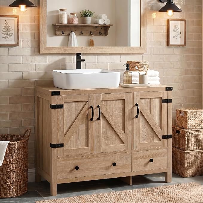 36-inch Natural Color Bathroom Vanity with Side Cabinet, Rustic Fixture Standing Pedestal Cabinet Without Sink