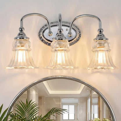 3-Light Vintage Bathroom Light Fixtures, Chrome | Vanity Lights Over Mirror with Floral Glass Shade for Bathroom Powder Room, Living Room Hallway