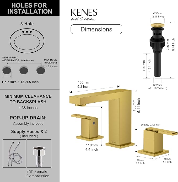 Brushed Gold Widespread Bathroom Faucet 3 Hole Vanity Faucet 2 Handle | Bathroom Sink Faucet with Pop Up Drain & Supply Lines, Lead-Free cUPC & NSF Certified, 8 Inch Faucet for Vanity Restroom Sink