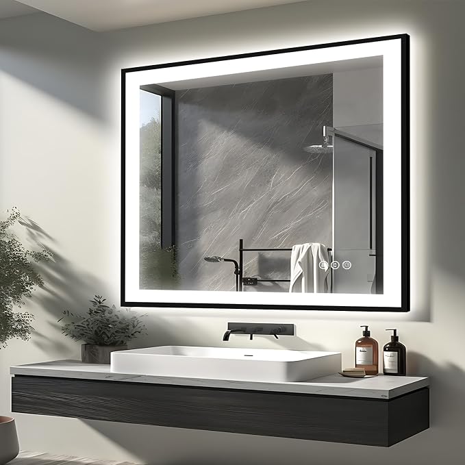 EchosLife 40x38 Lighted Mirrors for Bathroom Wall - Black Aluminum Framed | Black Frame, Front and Backlit, Anti-Fog, Stepless Dimmable, 3 Colors, Memory, Tempered Glass, UL Listed, Horizontal/Vertical