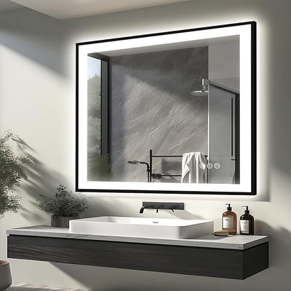 EchosLife 40x38 Lighted Mirrors for Bathroom Wall - Black Aluminum Framed | Black Frame, Front and Backlit, Anti-Fog, Stepless Dimmable, 3 Colors, Memory, Tempered Glass, UL Listed, Horizontal/Vertical