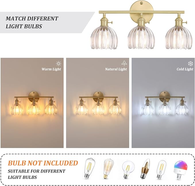 Shenmoyl Bathroom Light Fixtures, 3-Light Brass Vanity wall Light Over Mirror with Clear Tulip Glass Shade for Bedroom Living Room (Bulb Not Included)